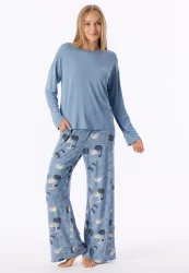 Schiesser Schlafanzug Blau gemustert - Casual Fashion für Damen, Größe L, 95 % Modal, 5 % Elasthan