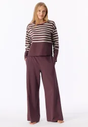 Schiesser Schlafanzug Bordeaux/Weiss gestreift - Casual Nightwear für Damen, Größe L, 73 % Baumwolle, 27 % Polyester