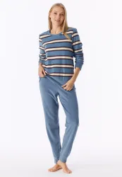 Schiesser Schlafanzug lang mit Bündchen Blau/Weiss gestreift - Casual Essentials für Damen, Größe L, 80 % Baumwolle, 20 % Polyester