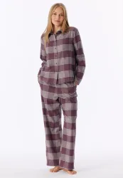 Schiesser Pyjama Bordeaux/Weiss kariert - Selected Premium Warming für Damen, Größe L, 100 % Baumwolle