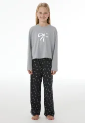 Schiesser Schlafanzug Grau/Dunkelblau gemustert - Nightwear für Mädchen, Größe XS, 100 % Baumwolle