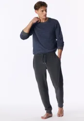 Schiesser Schlafanzug mit Bündchen Blau/Grau gestreift - Casual Nightwear für Herren, Größe S, 80 % Baumwolle, 20 % Polyester