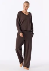 Schiesser Sweatshirt V-Ausschnitt Braun - Mix+Relax für Damen, Größe S, 75 % Modal, 5 % Elasthan, 20 % Polyester