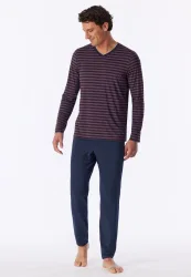 Schiesser Schlafanzug Dunkelblau/Bordeaux gestreift - Long Life Soft für Herren, Größe L, 55 % Modal, 35 % Polyester, 10 % Elasthan