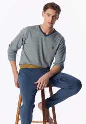Schiesser Schlafanzug mit Bündchen Grau/Blau - 95/5 für Herren, Größe S, 95 % Baumwolle, 5 % Elasthan