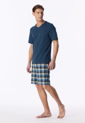 Schiesser Schlafanzug kurz Blau kariert - Casual Essentials für Herren, Größe S, 100 % Baumwolle