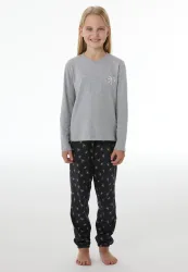 Schiesser Schlafanzug mit Bündchen Grau/Dunkelblau gemustert - Nightwear für Mädchen, Größe 4Y, 100 % Baumwolle