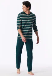 Schiesser Schlafanzug Petrol/Beige gestreift - Casual Nightwear für Herren, Größe L, 100 % Baumwolle