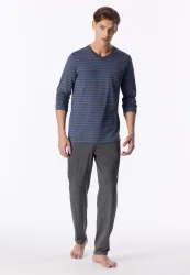 Schiesser Schlafanzug Blau/Grau gestreift - Casual Nightwear für Herren, Größe S, 100 % Baumwolle
