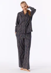 Schiesser Pyjama Dunkelblau gemustert - INTERLOCK für Damen, Größe L, 100 % Baumwolle