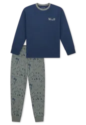 Schiesser Schlafanzug mit Bündchen Blau/Grau gemustert - Nightwear für Jungen, Größe M, 100 % Baumwolle