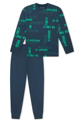 Schiesser Schlafanzug mit Bündchen Blau/Grün gemustert - Nightwear für Jungen, Größe 3Y, 100 % Baumwolle