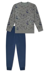 Schiesser Schlafanzug mit Bündchen Blau/Oliv gemustert - Nightwear für Jungen, Größe 4Y, 80 % Baumwolle, 20 % Polyester