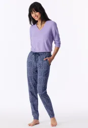 Schiesser Hose mit Bündchen Lila gemustert - Mix+Relax für Damen, Größe XS, 95 % Baumwolle, 5 % Elasthan