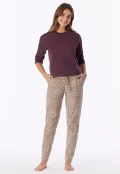 Schiesser Hose mit Bündchen Beige/Bordeaux gemustert - Mix+Relax für Damen, Größe XS, 95 % Baumwolle, 5 % Elasthan