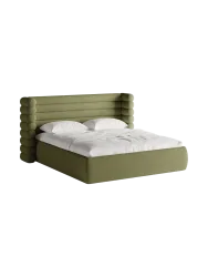 Design Polsterbett „Mount“ mit Ablagefach - Bouclé Olivgrün Chosen by Bloomingloft