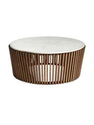 Design Couchtisch „Goms“ mit weisser Marmorplatte Akazienholz Braun, Weiss Vical Home
