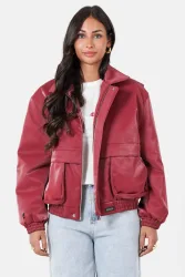 Sixth June Leichte Bomber Kunstlederjacke - Burgundy S Damen