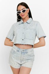 Tally Weijl Crop Jeanshemd - Light Blue Denim L Damen