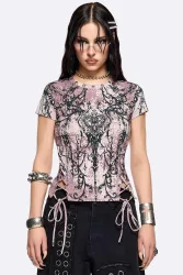Minga London Heartless Crop T-Shirt - Mauve Ancient + Black L Damen