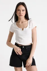 Tommy Jeans Geripptes Crop T-Shirt - Ancient White XS Damen