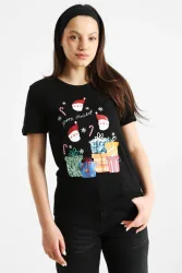 Only Weihnachts-T-Shirt - Black M Damen