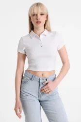 Tommy Jeans Geripptes Crop Poloshirt - White M Damen