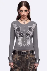 Minga London Feathers Stained geripptes Langarmshirt - Dark Grey S Damen