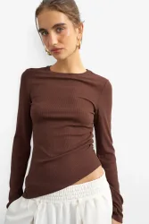 TOPSHOP TSRIA geripptes Langarmshirt - Chocolate Brown S Damen