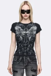 Minga London Winged Cross T-Shirt mit Nieten - Black M Damen