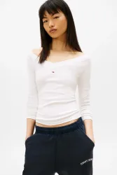 Tommy Jeans Geripptes Off Shoulder Langarmshirt - Offwhite M Damen