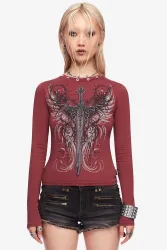 Minga London Graveborn Crop Langarmshirt - Dark Red S Damen