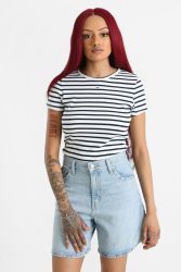 Tommy Jeans Essential geripptes T-Shirt - Offwhite + Navy M Damen