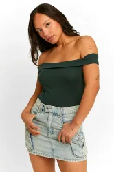 Tally Weijl Off Shoulder Crop Top - Dark Green M Damen