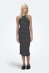Only Belfast Stripe Geripptes Midikleid - Black + Thin White XS Damen