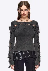 Minga London Lola Geripptes Langarmshirt - Black Washed XS Damen