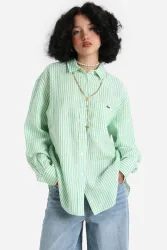 Lacoste Oversize Leinenhemd - White + Peppermint 36 Damen