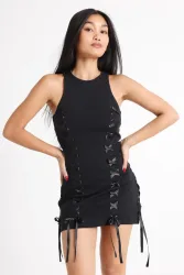 Basic Pleasure Mode Pointe Minikleid mit Schnürung - Black S Damen