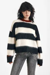The Ragged Priest Feelings Stripe Oversize Strickpullover - Black + Ecru + Maroon XS Damen
