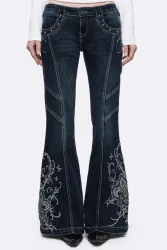 Minga London Lis Flare Jeans mit Nieten - Dark Blue Washed 28 Damen