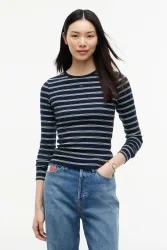 Tommy Jeans Geripptes Langarmshirt - Dark Blue + Day Lily S Damen