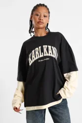 Karl Kani Oversize Langarmshirt - Black + Light Beige M Damen