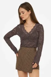 Only ONLNIKKA Spitzen Langarmshirt - Seal Brown S Damen