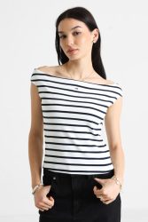 Tommy Jeans Top - Offwhite + Navy S Damen