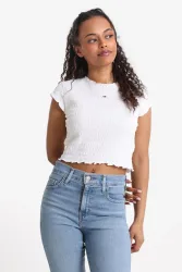 Tommy Jeans Gesmoktes Crop T-Shirt - White S Damen