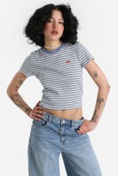 Levi's Geripptes Crop T-Shirt - Blue + White M Damen
