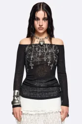 Minga London Rosary Off Shoulder Crop Langarmshirt - Black S Damen