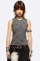 Minga London Pierce Me Geripptes Tanktop - Dark Grey M Damen