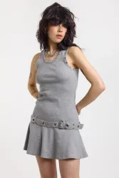 The Ragged Priest Disorder Geripptes Minikleid mit Nieten - Grey Heather XS Damen