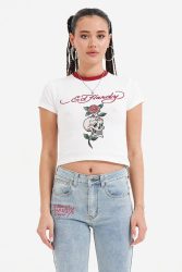 Ed Hardy Skull Rose Crop T-Shirt - White S Damen